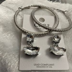 Silver Drop and Hoop Earrings with Crystal Accents. 2 Pair